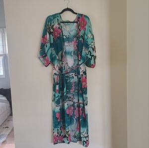 Floral moon crane japanese print robe kimono